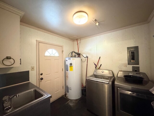 1207 E Redbud Ave, Crockett, TX 75835 - washroom with crown molding, laundry area, water heater, a sink, and washer and dryer