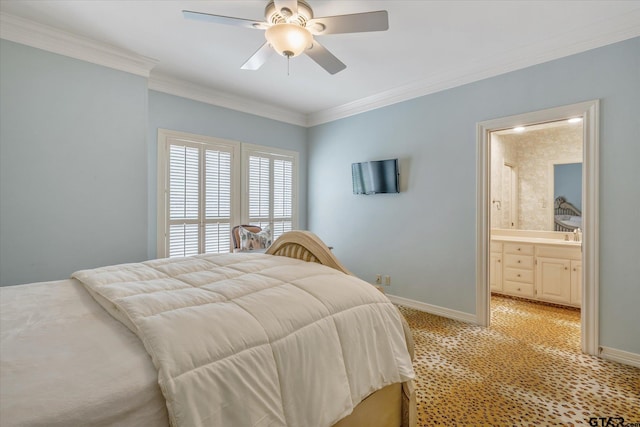 2003 Royal Oak Dr, Tyler, TX 75703 - bedroom featuring baseboards, ornamental molding, light carpet, ensuite bath, and ceiling fan