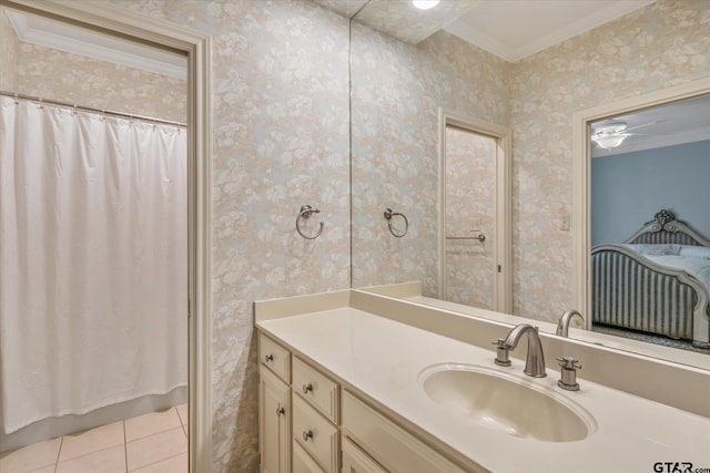 2003 Royal Oak Dr, Tyler, TX 75703 - full bath with crown molding, wallpapered walls, vanity, tile patterned flooring, and a shower with shower curtain