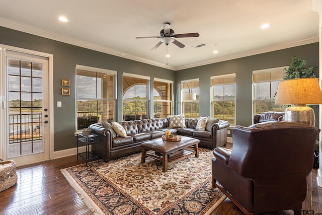 living room featuring ornamental molding, a healthy amount of sunlight, dark hardwood / wood-style floors, and ceiling fan