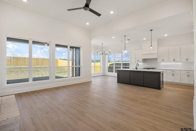 kitchen with an island with sink, light wood-style floors, white cabinets, and light countertops