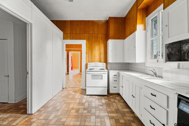 210 S Adams Ave, Tyler, TX 75702 - kitchen with a sink, wood walls, light countertops, white range with electric cooktop, and brick patterned floor