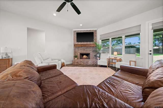 401 Deer Point Cv, Chandler, TX 75758 - living room with ceiling fan, wood finished floors, a brick fireplace, and recessed lighting