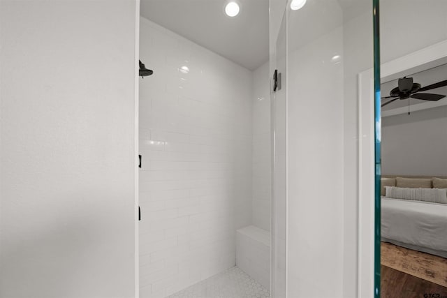 401 Deer Point Cv, Chandler, TX 75758 - bathroom with connected bathroom, a shower stall, a ceiling fan, and recessed lighting