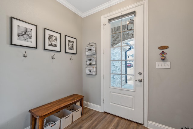 entryway featuring crown molding and wood-type flooring