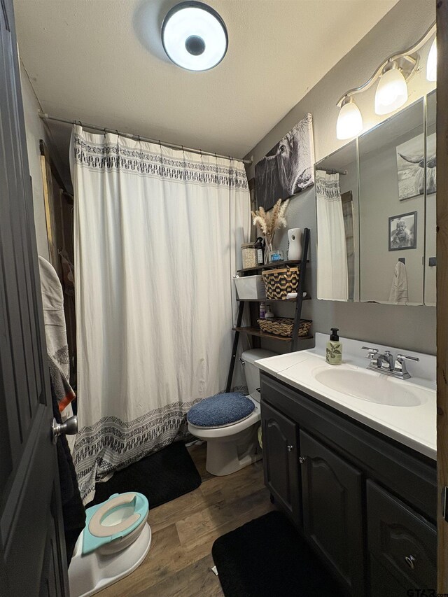9394 Grape Ave, Frankston, TX 75763 - bathroom featuring vanity, toilet, wood finished floors, and a shower with shower curtain
