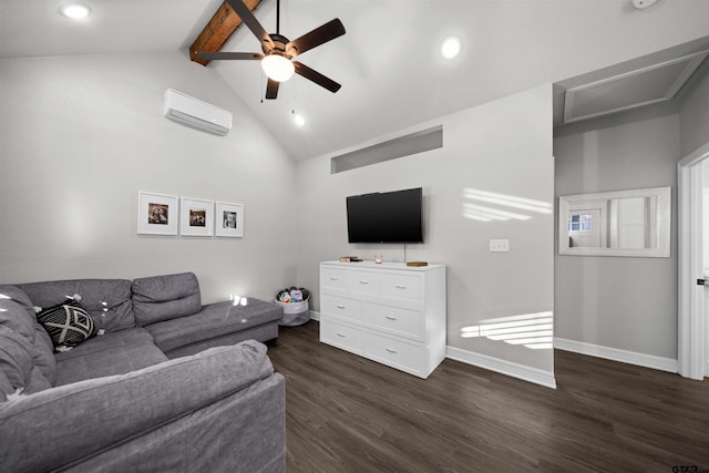 living room with ceiling fan, high vaulted ceiling, an AC wall unit, beamed ceiling, and dark hardwood / wood-style floors