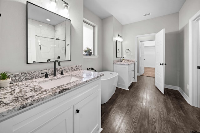 bathroom featuring vanity, plus walk in shower, and wood-type flooring