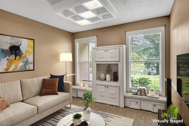 carpeted living room featuring a textured ceiling