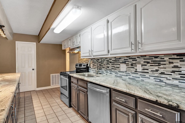 kitchen with sink, decorative backsplash, light tile patterned floors, appliances with stainless steel finishes, and white cabinetry