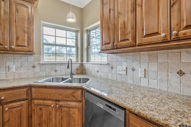 622 Martin, Chandler, TX 75758 - kitchen with stainless steel dishwasher, a sink, ornamental molding, brown cabinets, and decorative backsplash