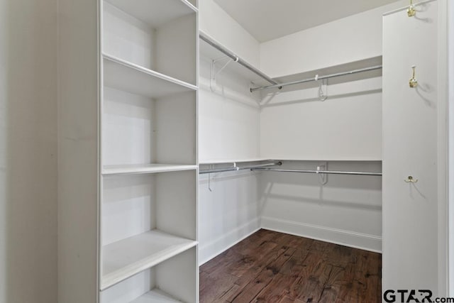 walk in closet with dark wood-type flooring