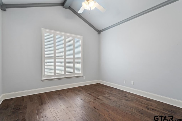 unfurnished room with vaulted ceiling with beams, baseboards, dark wood finished floors, and a ceiling fan