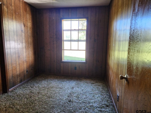 carpeted spare room with wood walls