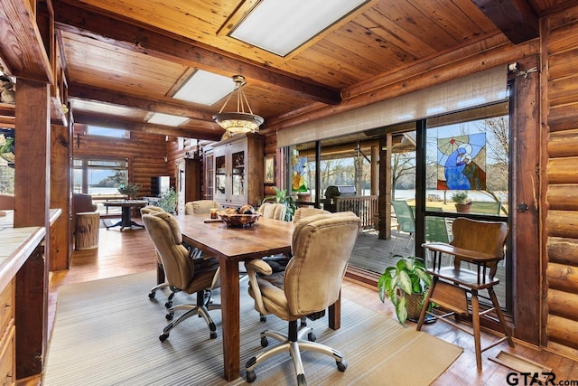 dining room featuring beam ceiling, log walls, light hardwood / wood-style floors, and wooden ceiling