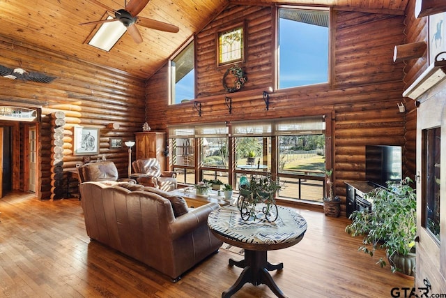 living room with wooden ceiling, log walls, and high vaulted ceiling