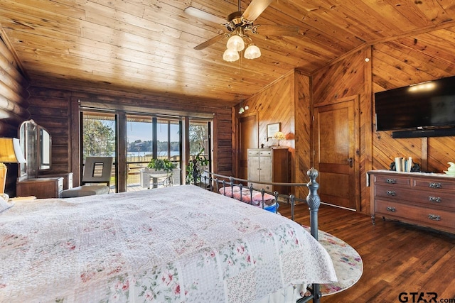 bedroom with ceiling fan, wooden ceiling, access to outside, dark wood-type flooring, and rustic walls