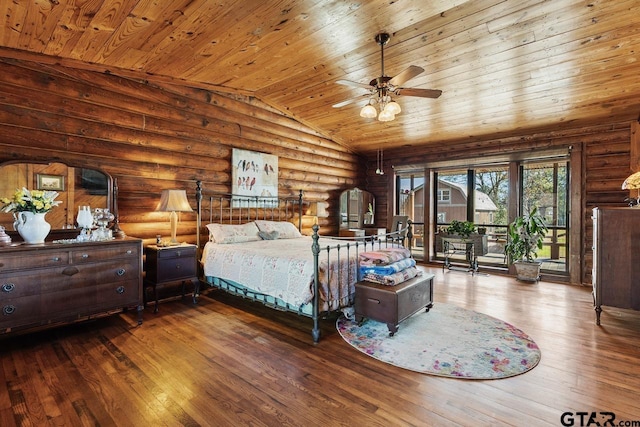 bedroom with wood ceiling, ceiling fan, lofted ceiling, log walls, and wood-type flooring