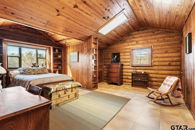 bedroom with light tile patterned floors, lofted ceiling with skylight, log walls, and wood ceiling