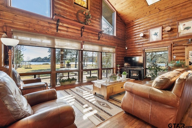 living room with wood ceiling, a fireplace, hardwood / wood-style flooring, rustic walls, and high vaulted ceiling