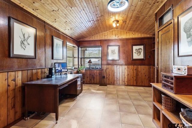 office with vaulted ceiling, wooden ceiling, light tile patterned floors, and wood walls