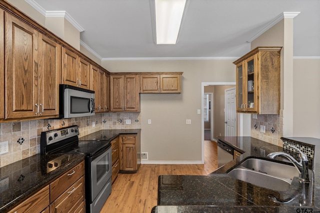 kitchen with light wood-type flooring, sink, crown molding, and stainless steel appliances