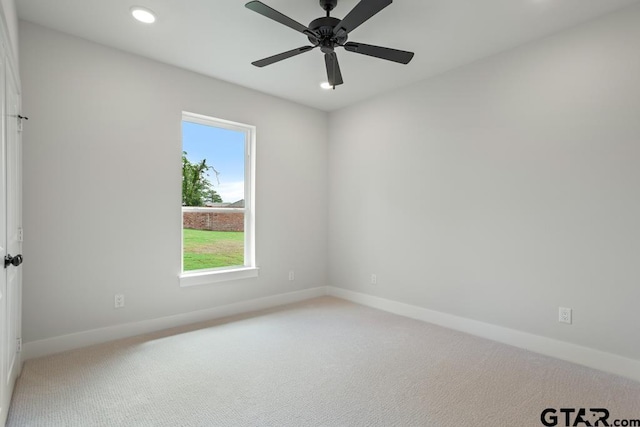 7201 Rolling Acres, Tyler, TX 75707 - spare room featuring baseboards, light carpet, recessed lighting, and a ceiling fan