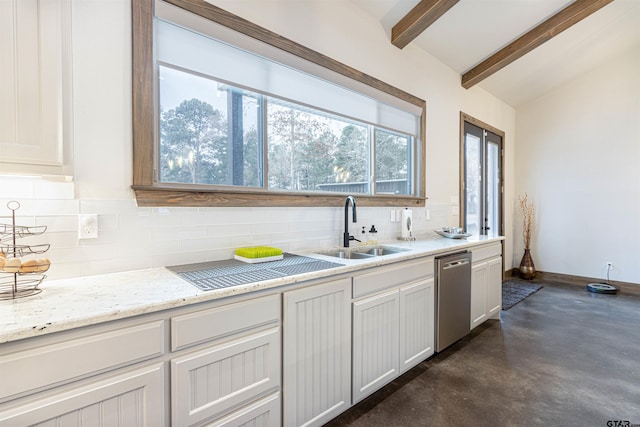 1490 Fm 13 E, Troup, TX 75789 - kitchen with dishwasher, a sink, decorative backsplash, concrete flooring, and light stone counters