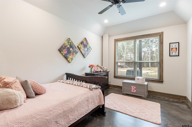 1490 Fm 13 E, Troup, TX 75789 - bedroom with concrete flooring, baseboards, recessed lighting, lofted ceiling, and ceiling fan
