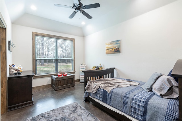 1490 Fm 13 E, Troup, TX 75789 - bedroom with concrete floors, lofted ceiling, baseboards, a ceiling fan, and recessed lighting
