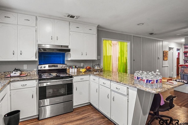 kitchen featuring electric stove, dark wood-type flooring, light stone counters, white cabinets, and kitchen peninsula