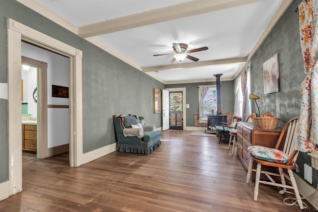 living area featuring ceiling fan, a wood stove, and dark wood-type flooring