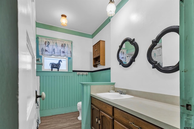 bathroom with hardwood / wood-style flooring, vanity, and toilet