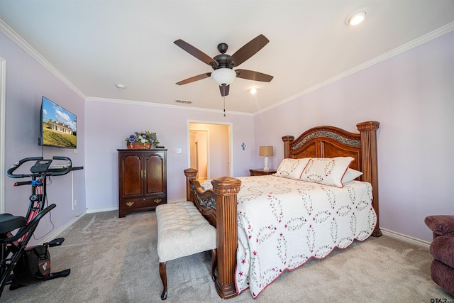 1831 Scarlet Oak Rd, Gilmer, TX 75645 - carpeted bedroom featuring baseboards, ornamental molding, visible vents, and a ceiling fan