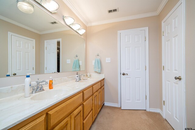 1831 Scarlet Oak Rd, Gilmer, TX 75645 - full bath with a sink, visible vents, baseboards, ornamental molding, and double vanity