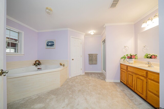 1831 Scarlet Oak Rd, Gilmer, TX 75645 - bathroom with visible vents, ornamental molding, a bath, and vanity