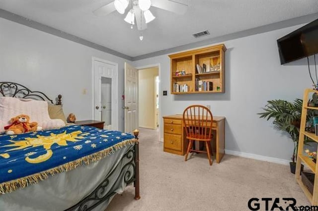 bedroom with light colored carpet and ceiling fan