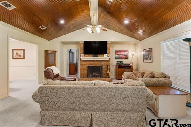 living room with light colored carpet, vaulted ceiling, and wood ceiling