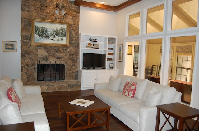 3802 Allendale Dr, Tyler, TX 75701 - living area with a ceiling fan, dark wood-style floors, and a fireplace