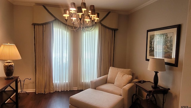 3802 Allendale Dr, Tyler, TX 75701 - sitting room with dark wood-style flooring, a chandelier, crown molding, and baseboards