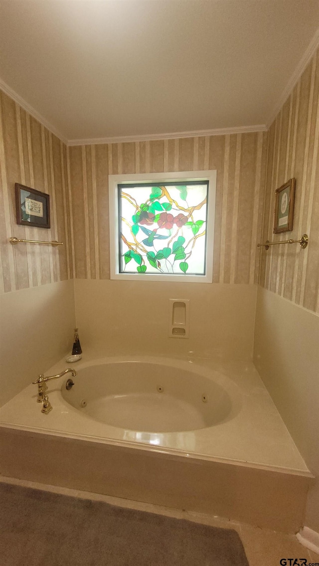 3802 Allendale Dr, Tyler, TX 75701 - full bathroom featuring wallpapered walls, a tub with jets, and crown molding