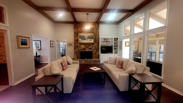 3802 Allendale Dr, Tyler, TX 75701 - living area with baseboards, a fireplace, coffered ceiling, beam ceiling, and a ceiling fan