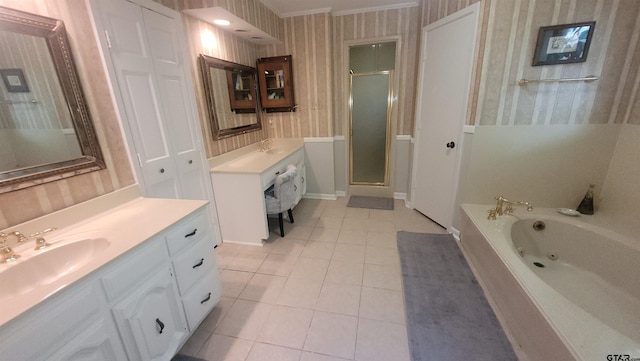 3802 Allendale Dr, Tyler, TX 75701 - bathroom featuring wallpapered walls, tile patterned floors, a stall shower, a jetted tub, and vanity