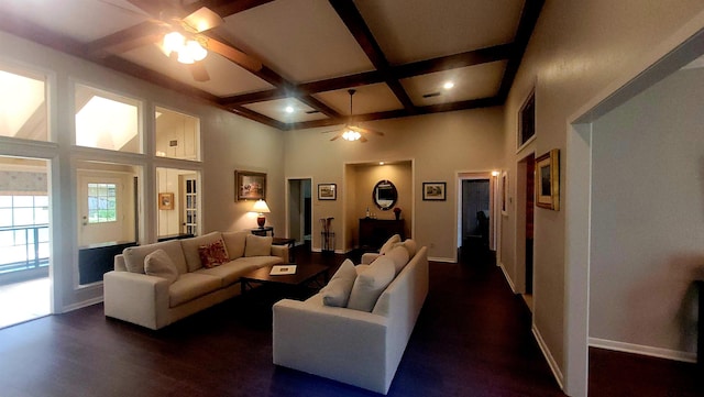 3802 Allendale Dr, Tyler, TX 75701 - living area with a ceiling fan, coffered ceiling, baseboards, beam ceiling, and dark wood-style flooring