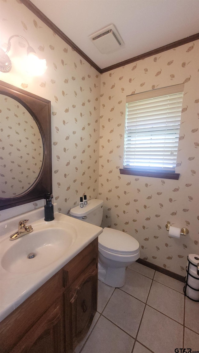 3802 Allendale Dr, Tyler, TX 75701 - half bath with crown molding, vanity, tile patterned floors, toilet, and wallpapered walls