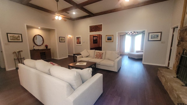 3802 Allendale Dr, Tyler, TX 75701 - living area featuring a fireplace with raised hearth, coffered ceiling, ceiling fan, baseboards, and beam ceiling
