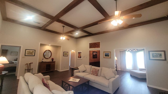 3802 Allendale Dr, Tyler, TX 75701 - living area with a ceiling fan, dark wood-style flooring, beam ceiling, coffered ceiling, and baseboards