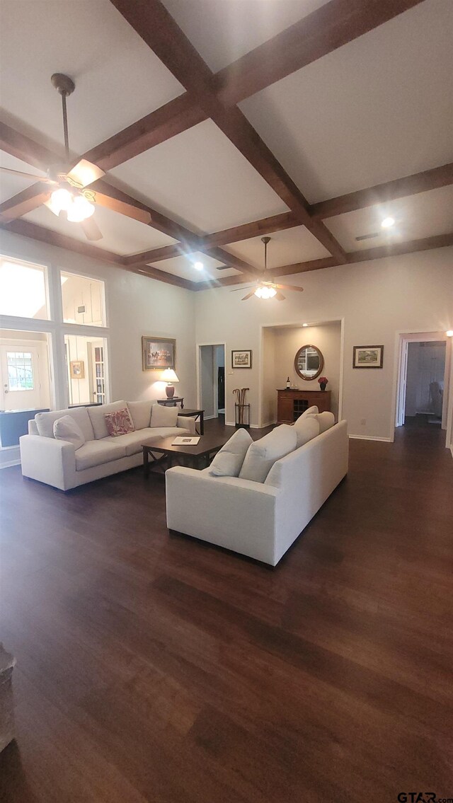 3802 Allendale Dr, Tyler, TX 75701 - living area with a ceiling fan, baseboards, dark wood-type flooring, coffered ceiling, and beamed ceiling