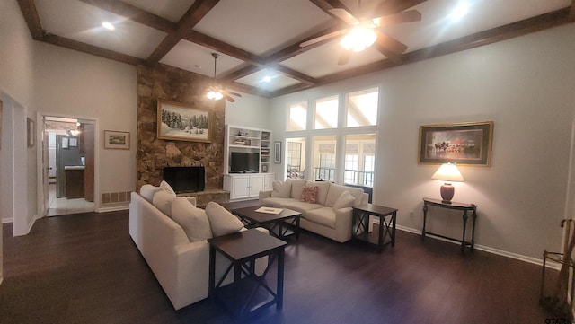 3802 Allendale Dr, Tyler, TX 75701 - living area featuring ceiling fan, coffered ceiling, a fireplace, baseboards, and dark wood-type flooring