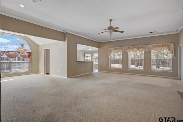 unfurnished living room with recessed lighting, ornamental molding, carpet flooring, ceiling fan, and baseboards